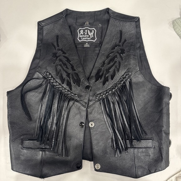 Other - A-1 Leather Biker Vest Size M Fringe Harley Davidson Floral Front Eagle Back